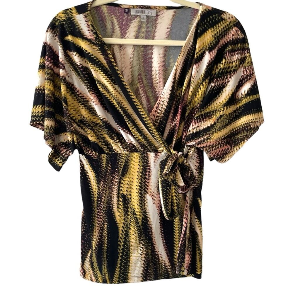 Jennifer Lopez Faux Wrap Blouse Size Small Flutter Sleeves Green Black Pattern